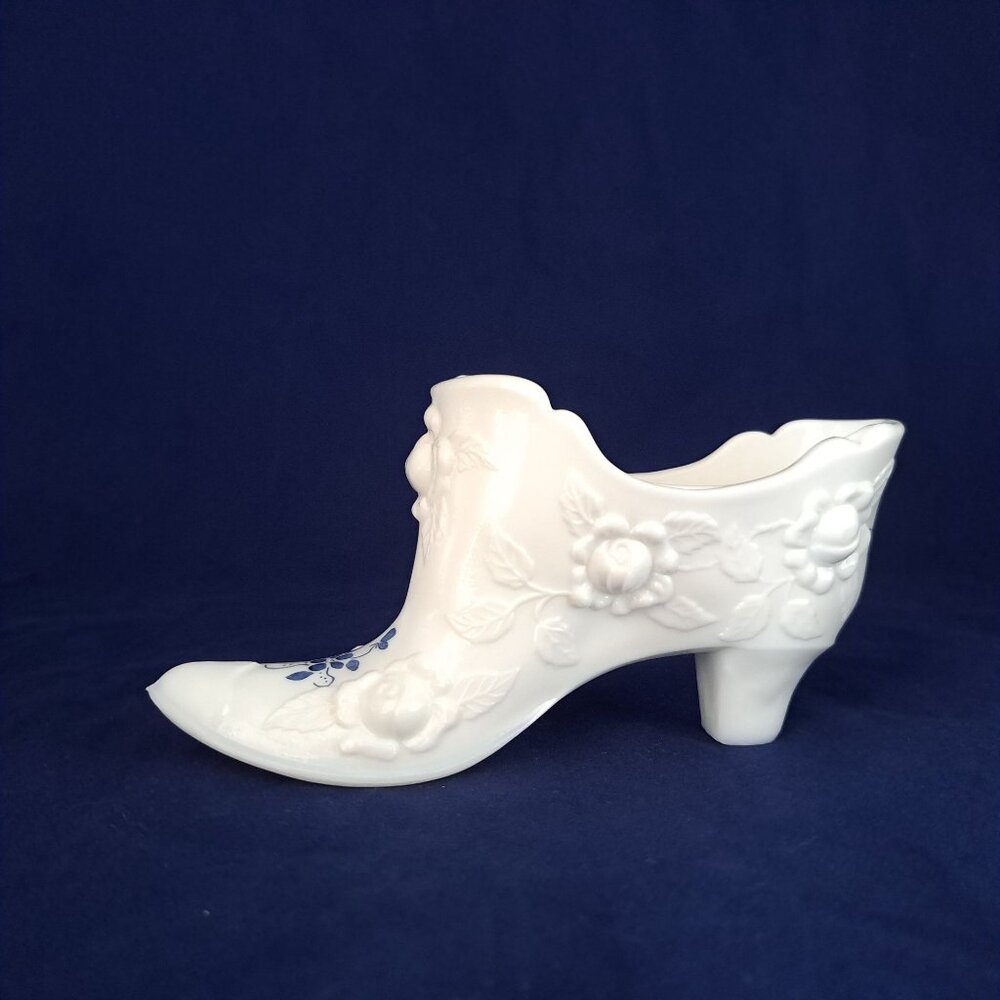 Fenton Cabbage Rose Slipper Shoe White Milk Glass Hand-Painted Signed Decorative
